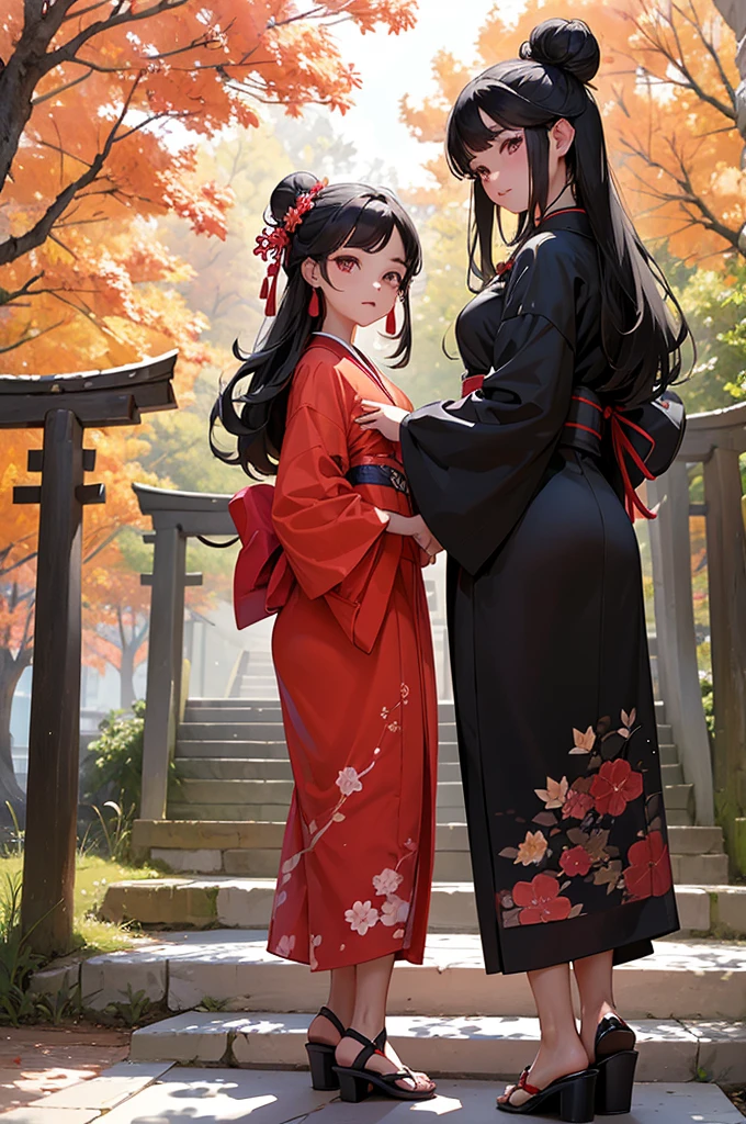 ((Masterpiece,Best Quality)),2 girls, black kimono, black tights, black Love, black fur, Cherry blossoms, day, flower, good, hair Love, japanese clothes, kimono, wide, looking at the viewer, looking back , several girls, belts, outdoor, Red eyes, Red hair, Love, sandals, good bachelor, stairs, standing, state, Torii, tree, white kimono, yellow eyes