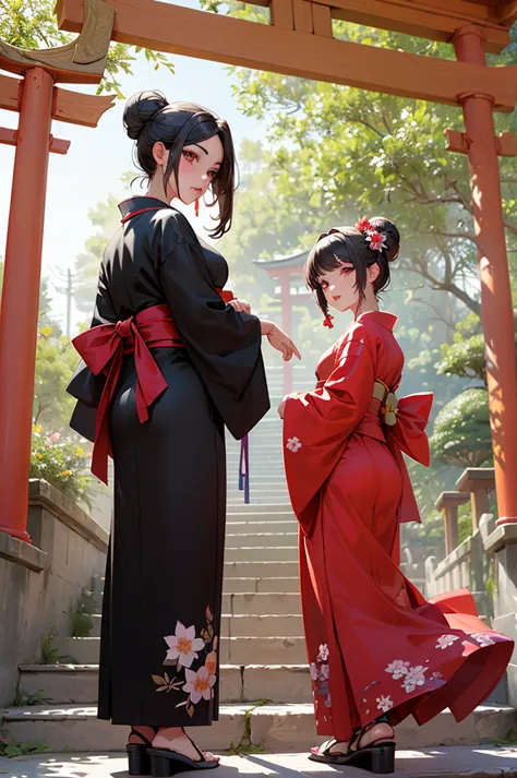 ((obra maestra,mejor calidad)),2 chicas, kimono negro, calzas negras, black cinta, pelo negro, Flores de cerezo, day, flor, Bun,...