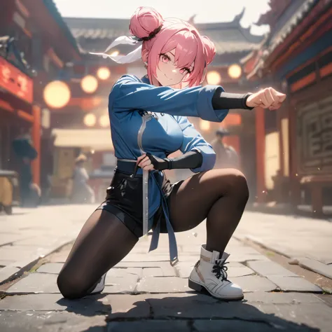 a woman wearing a blue chun li fighting costume (street fighter), hot pink pigtail hair buns, brown tights, white boots, black l...