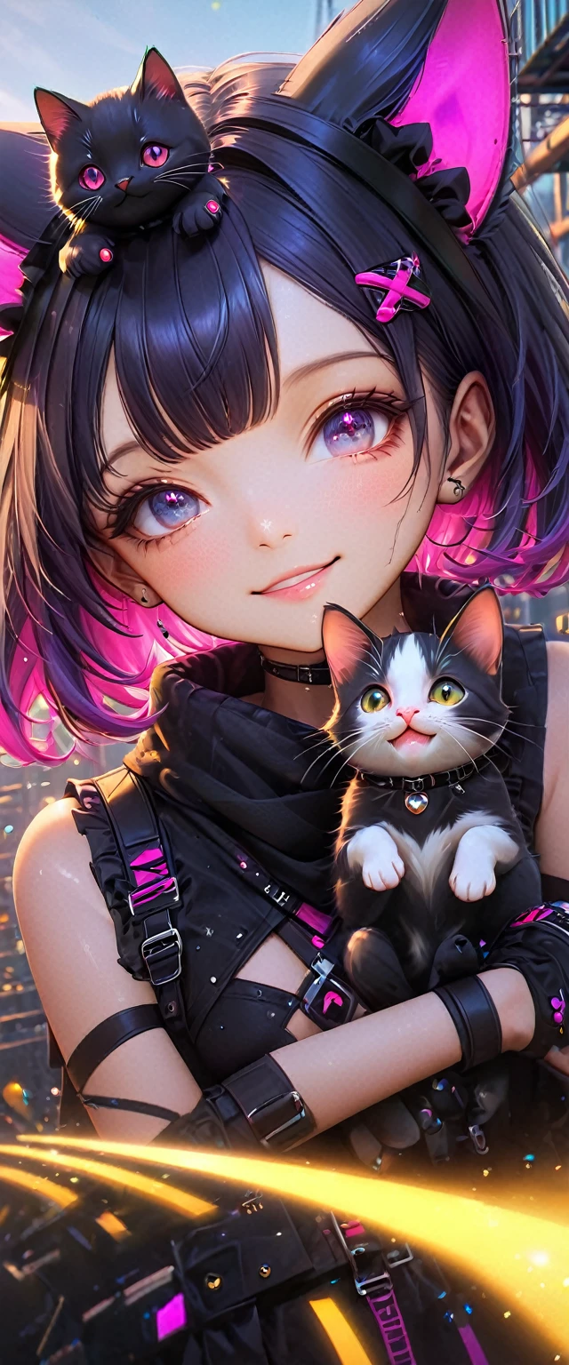 ((ultra gran angular x0.5:1.5, Camera bottom view, Pin en Cybergoth:1.5)), ((autofoto:1.4, young Pin en Cybergoth, wearing Pin en Cybergoth clothing,(( little girl with beautiful smile with a kitten on her head, imagen super tierna:1.5)), varios colores vibrantes y adornos: 1.3)),((paisaje industrial, impresionante, Vista de 360 grados: 1.5)), ((perfecto: 1.3, meticulosamente detallado: 1.3, impecable, High Definition: 1.4, cinematographic: 1.4), ((obra maestra)), (hiper detallado: 1.4), (Fotorrealista: 1.4), epic, Atardecer: 1.4, 32K.