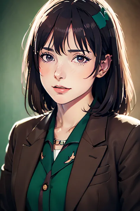 this is a high definition anime portrait (8k) que presenta a una chica ojos verdes que destacanm con curvas prominentes y una ga...