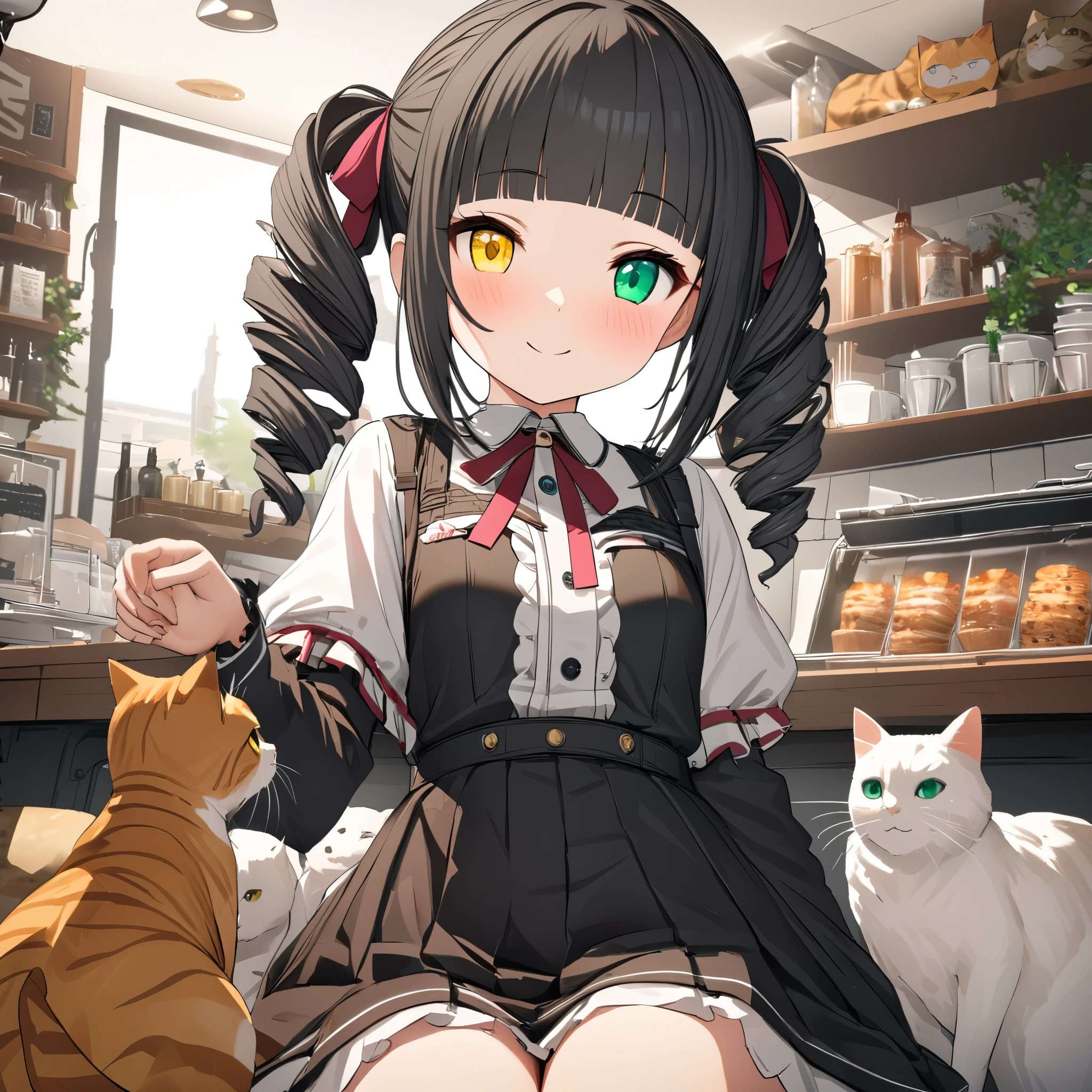 Anime girl sitting on a counter with two cats - SeaArt AI