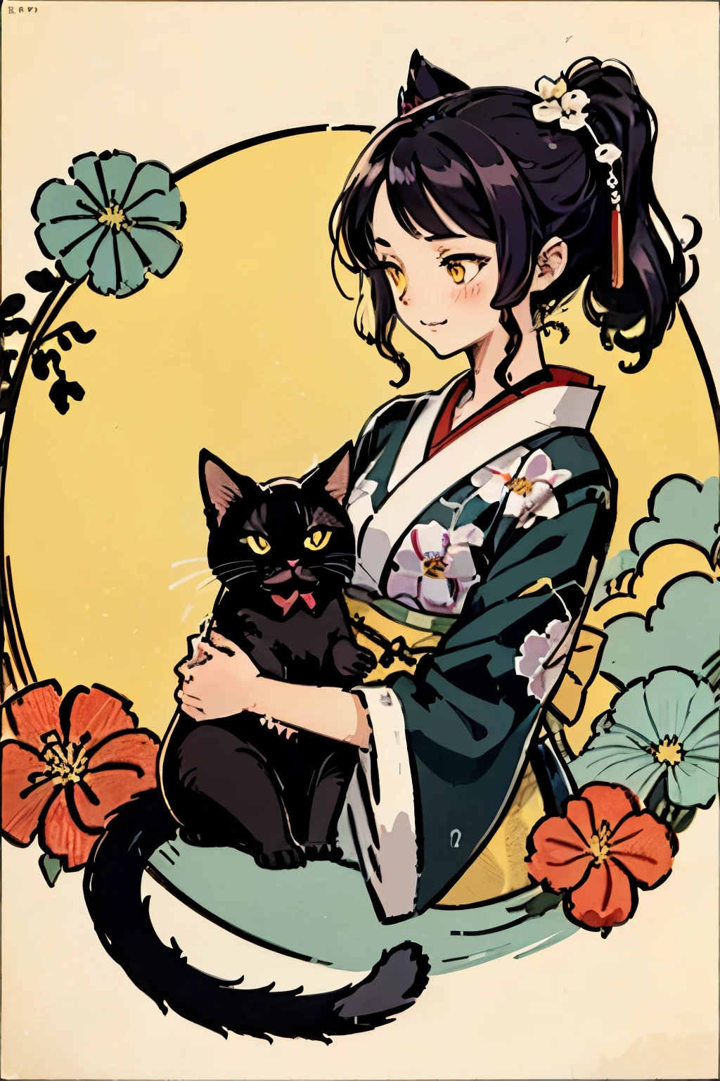 propose a very attractive design, 1 girl and 1 cat, masterpiece, katsushika hokusai-kaze, natural color design, morning glory flowers, bold and beautiful floral design, summer image, japanic style, detailed diagram of the pattern, with the highest quality, masterpiece high resolution, ukiyoe style, artistic style, postcard design, balanced design, composition that fits well, emo art, ukiyo-e style, japanese aesthetic, 4k resolution, gorgeous background art, attributes of a person (profile, seen from the side, elegant smile, top grade, neuter, honor students, a dark-haired, lustrous hair, unclear, poor, slender, virtuous, well-behaved, good impression), cat attributes (black cat, pitch black cat, cute little, ultra cute, yellow eyes, lithe)