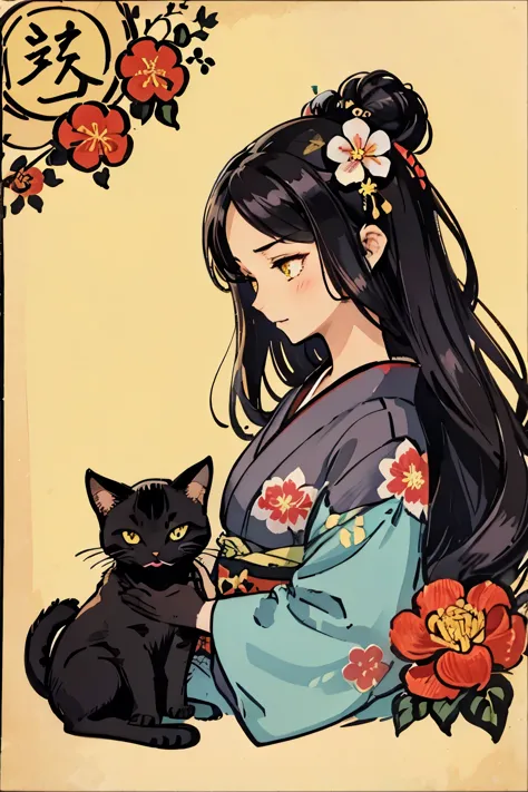 propose a very attractive design, 1 girl and 1 cat, masterpiece, katsushika hokusai-kaze, natural color design, morning glory fl...