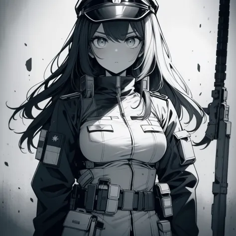 1 soldier girl. She is wearing a military uniform. She is wearing a helmet. She has PTSD. She is holding a rail-gun. Black and w...