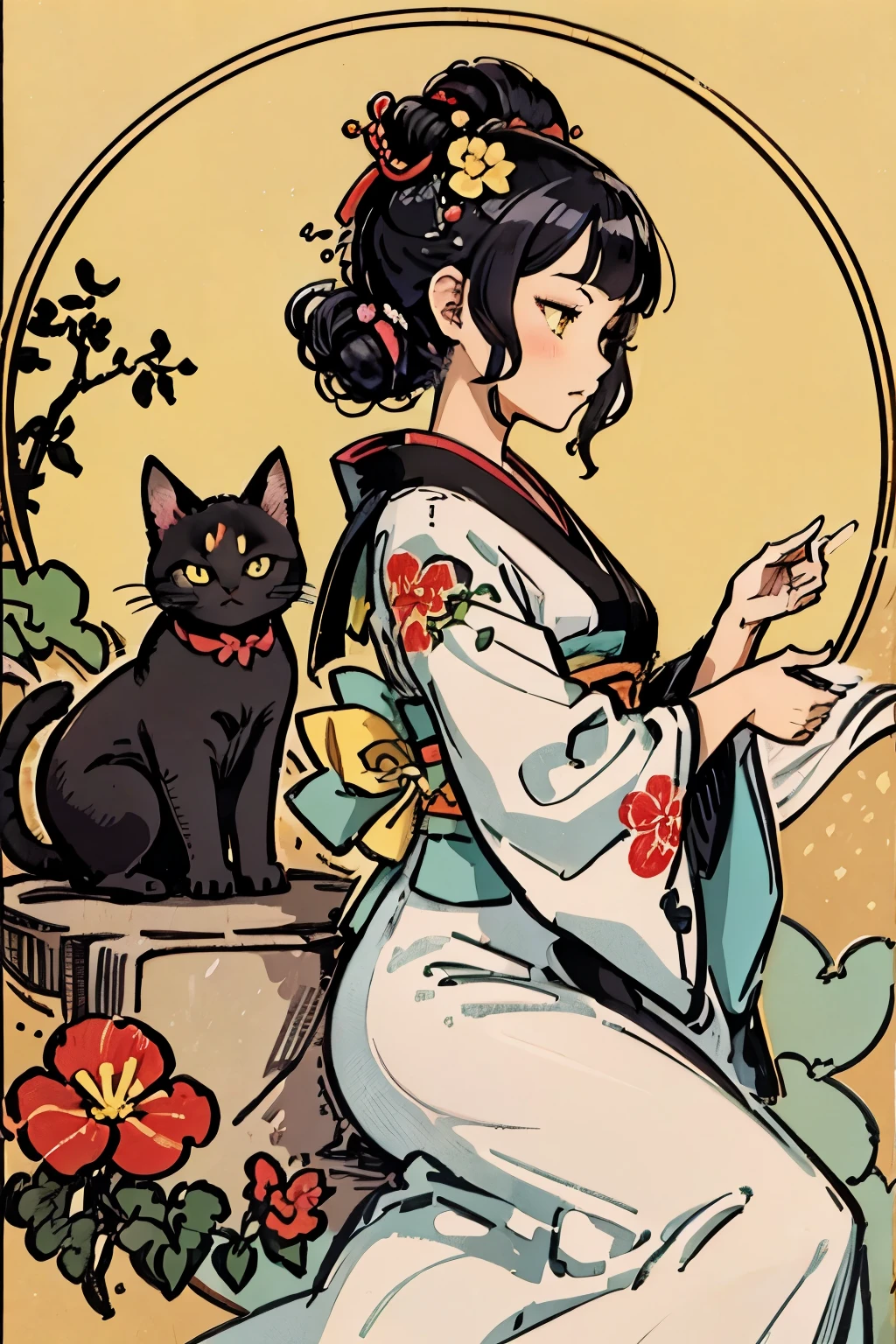 非常に魅力的なデザインを提案する, 1人の女の子と1匹の猫, 傑作, Katsushika Hokusai-kaze, ナチュラルカラーデザイン, アサガオの花, 大胆で美しい花柄デザイン, 夏のイメージ, 日本風, パターンの詳細図, 最高品質, 傑作 high resolution, ukiyoe style, 芸術的なスタイル, ポストカードデザイン, バランスのとれたデザイン, よく合う構成, エモアート, Ukiyo-e style, 日本の美学, 4K解像度, ゴージャスな背景アート, 人の属性 (プロフィール, 横から見たところ, 優雅な笑顔, トップグレード, 中性, 優等生, 黒髪の, 光沢のある髪, 不明瞭, 貧しい, 細い, 徳の高い, 行儀が良い, 好印象), 猫の属性 (黒猫, pitch 黒猫, かわいい, 超かわいい, 黄色い目, しなやかな)