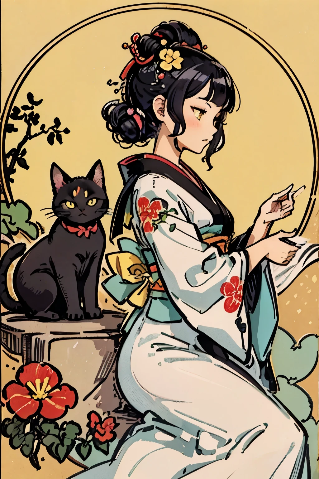 Propor um design muito atraente, 1 menina e 1 gato, Obra de arte, Katsushika Hokusai-kaze, Design de cor natural, Flores da glória da manhã, Design floral arrojado e bonito, Imagem de verão, estilo japonês, Diagrama detalhado do padrão, Com a mais alta qualidade, Obra de arte high resolution, Estilo Ukiyoe, Estilo artístico, Design de cartão postal, design equilibrado, Composição que se encaixa bem, emo art, Estilo Ukiyo-e, estética japonesa, Resolução 4k, Arte de fundo linda, Atributos de uma pessoa (perfil, Visto de lado, sorriso elegante, Alto grau, neutro, Alunos de Honra, Um moreno, Cabelo brilhante, pouco claro, pobre, Delgado, virtuoso, bem comportado, boa impressão), Atributos do gato (gato preto, pitch gato preto, bonitinho, ultra cute, olhos amarelos, ágil)