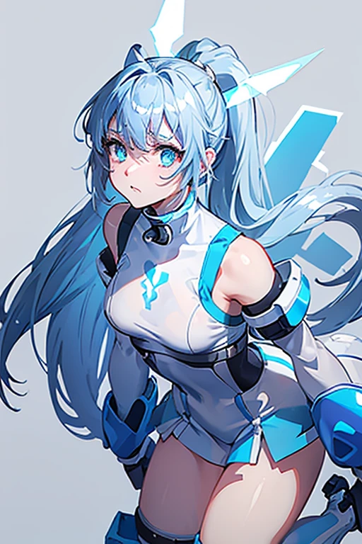 Game character concept，Pure white background，whole body，A cybergirl，Blue double ponytail girl，Golden Eyes，Translucent blue crystal texture twin ponytails containing blue liquid，Gray respirator，White restraints on arms，White boots，Crystal blue platform sole，Slightly lean forward，Sad eyes，A row of blue signal lights on the bare legs