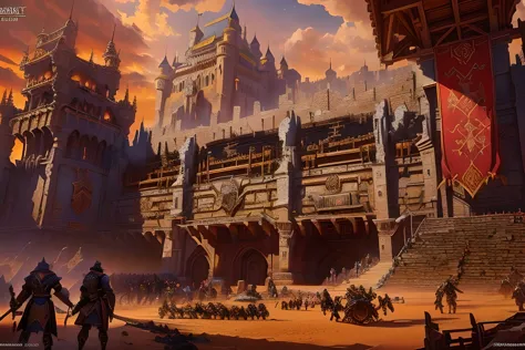 world of warcraft scenes，world of warcraft game scene，close-up of a painting，there is a castle in the painting，there are a lot o...