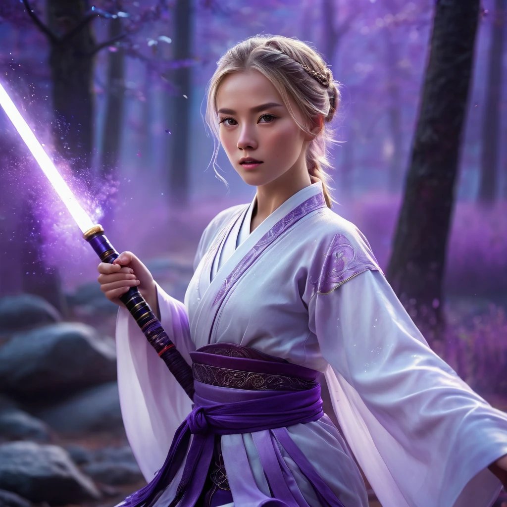 A handsome Norwegian girl, sharp eyes, clear facial features, wearing Hanfu, combat posture, martial arts movements, body surrounded by purple mist, runes around, holographic reality, holographic halo, motion blur, game light effects, edge light, soft light, movie edge light, delicate light, masterpiece, super detailed, epic composition, super HD, high quality, highest quality, 32k