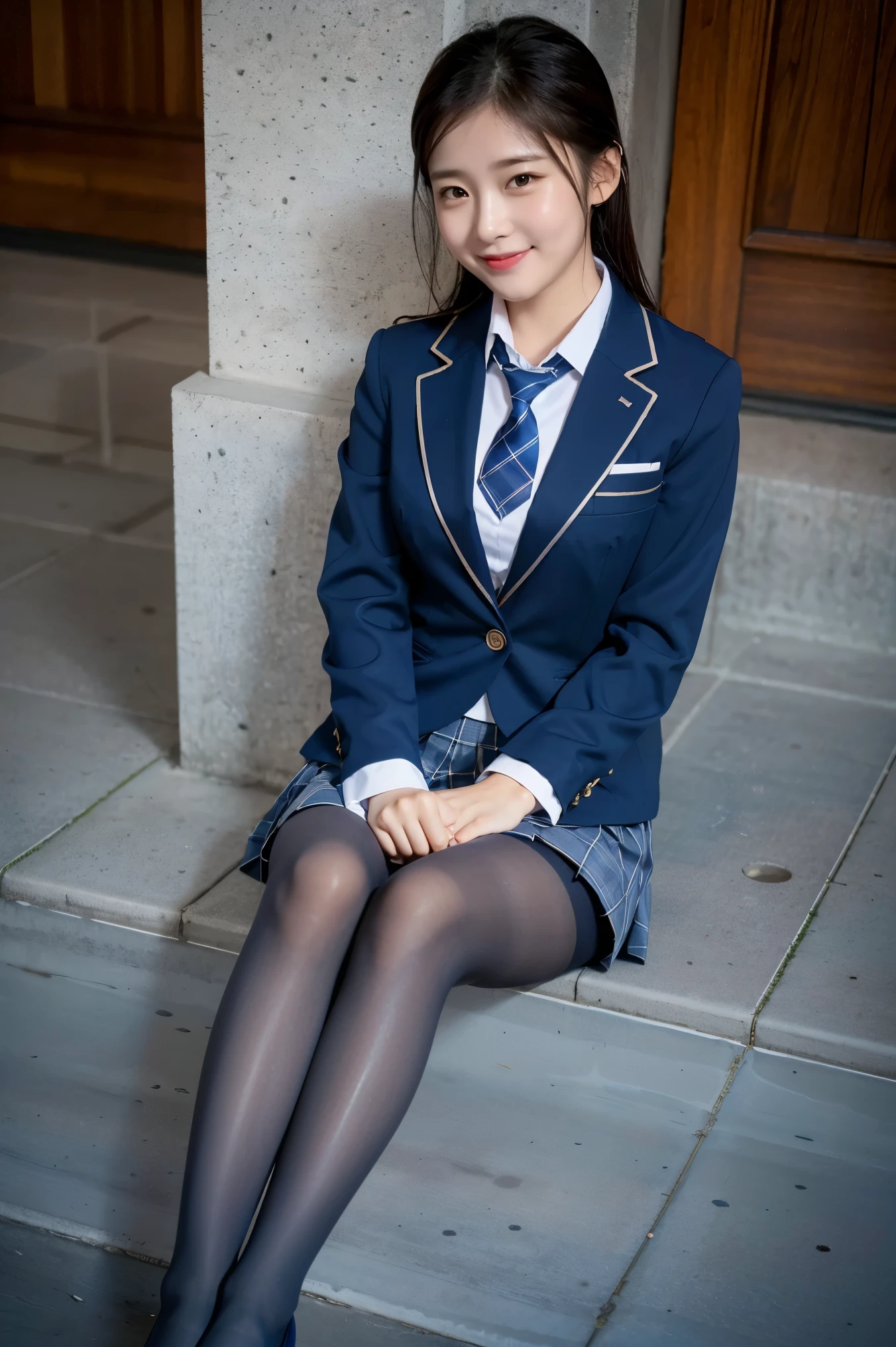 (8k), (highest quality: 1.2), (Realistic), (Realistic: 1.37), Ultra-high resolution, (1 girl), cute, blush,Embarrassed smile, Mouth closed, Beautiful details, Beautiful Nose, Wet Hair, Giant Dulcefo, pork, Thighs，Self Snap,University Uniforms,(A simple navy blue blazer:1.4),(Pleated skirt:1.2),(The skirt and tie are gray tartan check pattern.:1.3),(Sitting:1), Sit on the ground,(Hold my feet:1),(Shiny Pantyhose:1.2),from the front,knees