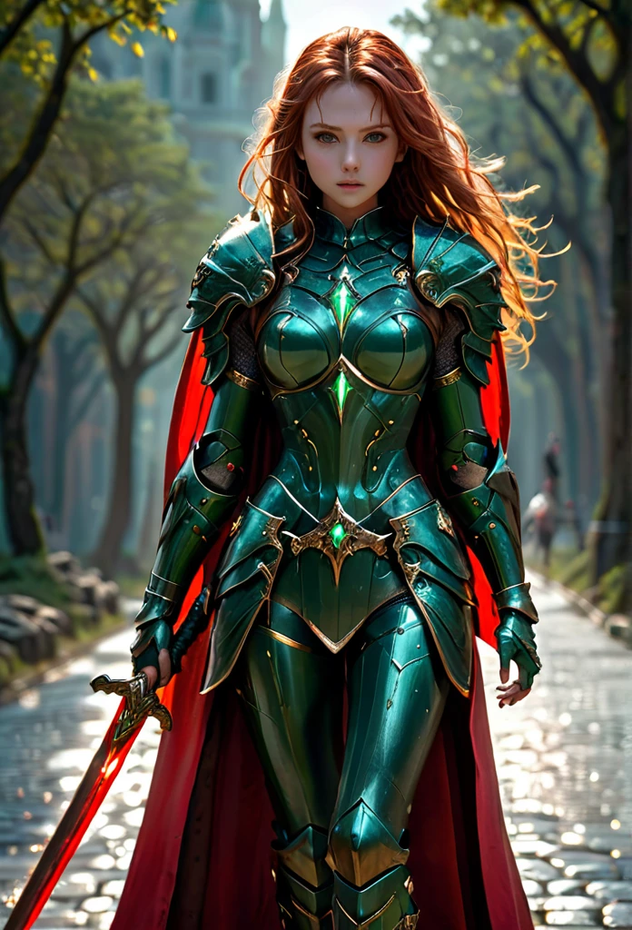 amazing quality, masterpiece, best quality, hyper detailed, ultra detailed, UHD, perfect anatomy, perfect body,perfect eyes,perfect face,perfect expression
model, stylish pose, wearing fantastic armor, green full body armor, cape, holding glowing great sword, runway, stone road, soft shades, red long hair, hand up, beautiful girl
HKStyle,
extremely detailed,