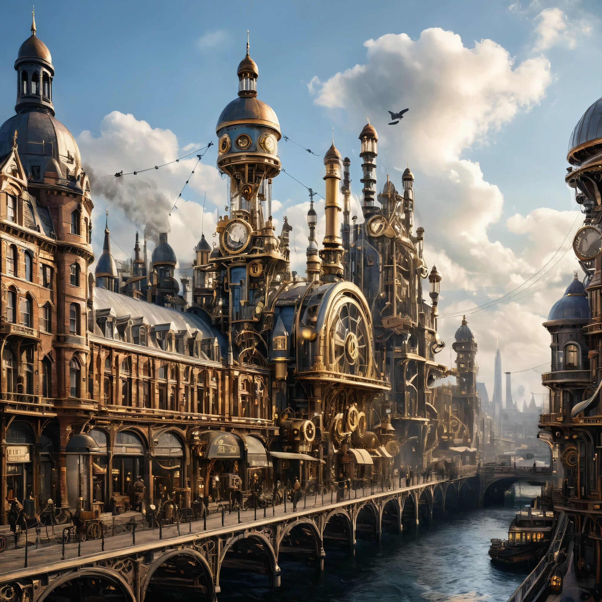 A cityscape with steampunk-style buildings and technology, combining Victorian-era aesthetics with advanced machinery, photorealistic, digitally enhanced.