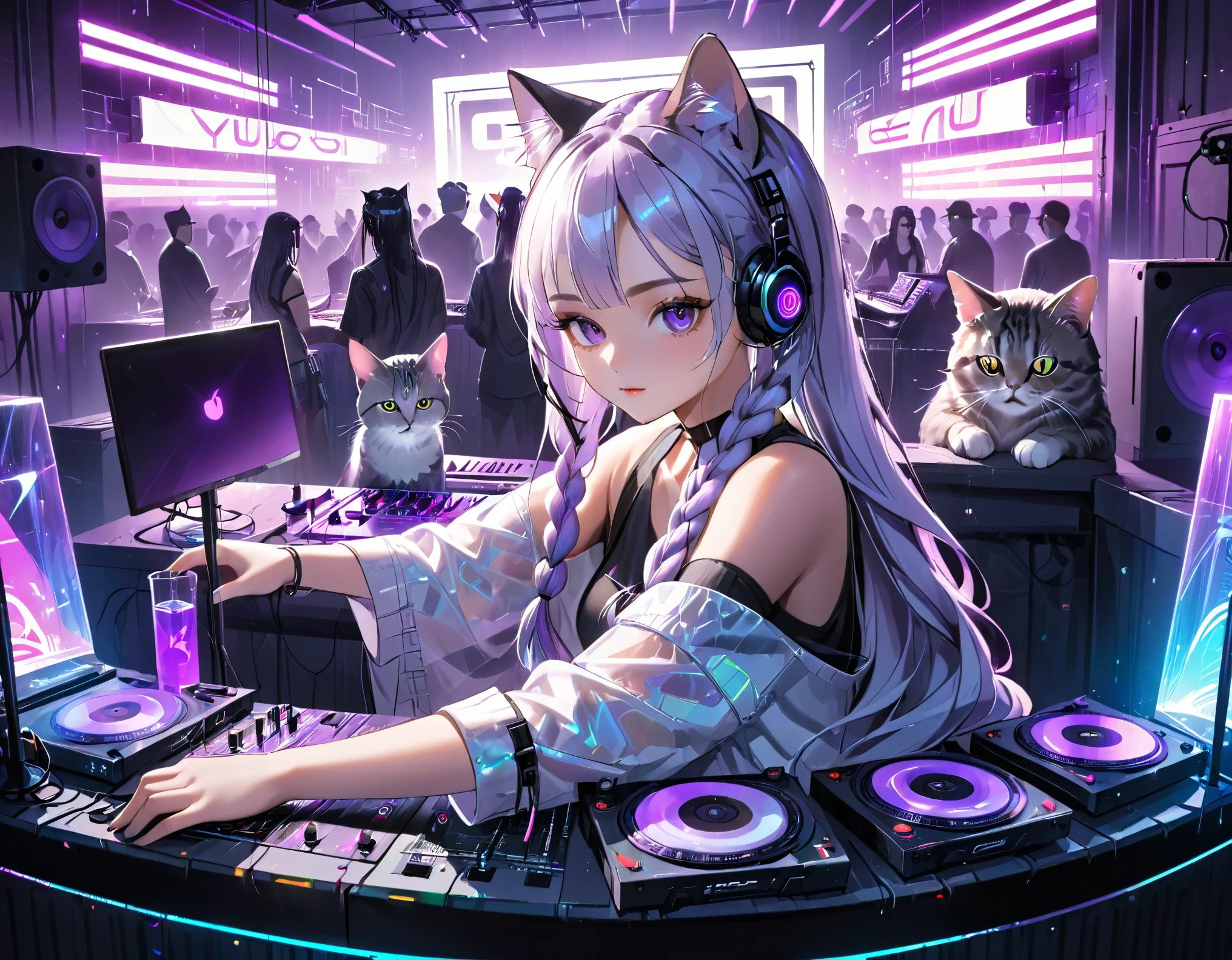 Garota discotecando em um clube, ciberpunk, Cabelo longo trançado gradiente branco-roxo com luzes cintilantes, gato transparente com holografia neon sentado ao lado de equipamento de DJ.