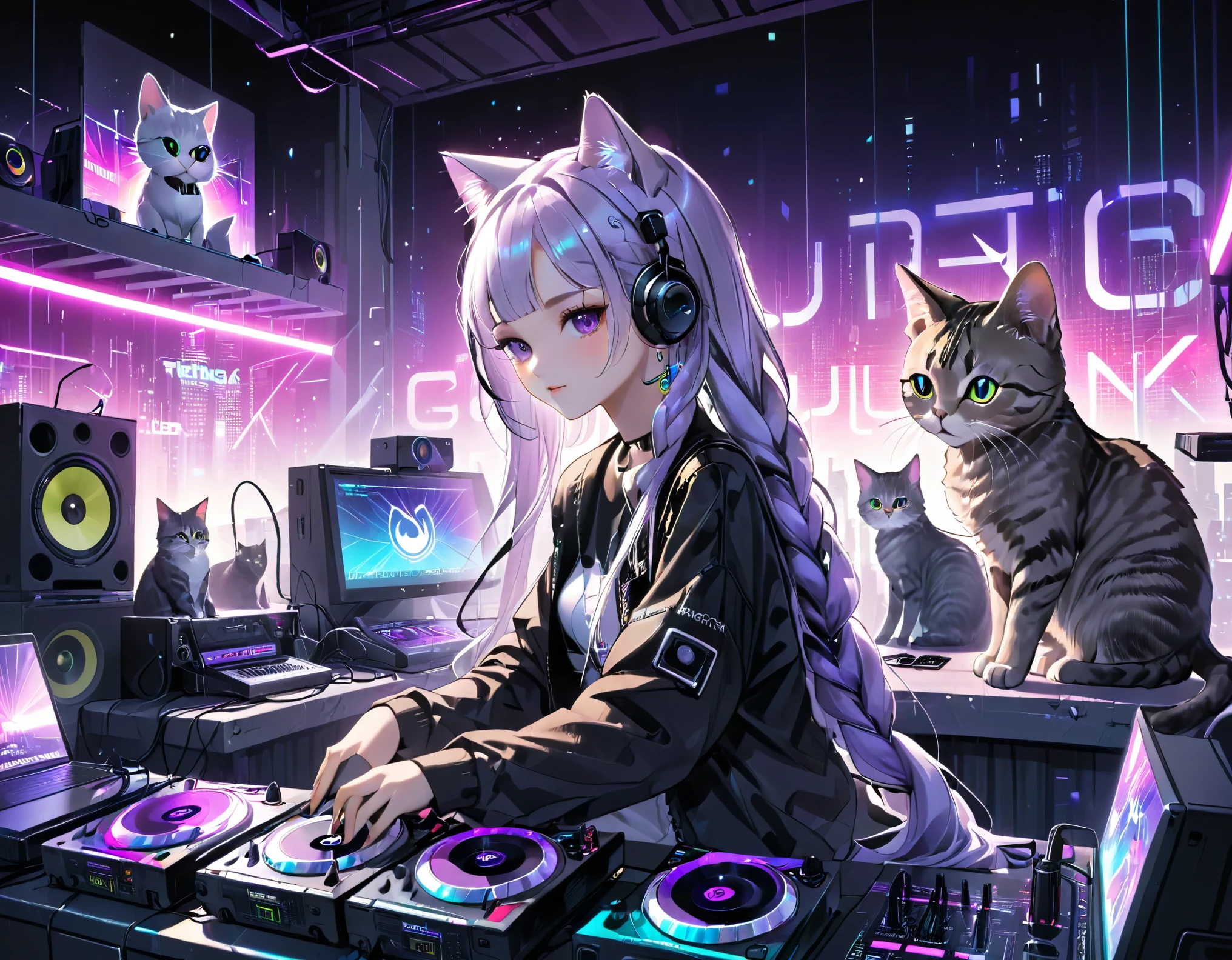 Girl DJing in a club, cyberpunk, White-purple gradient braided long hair twinkling lights, neon holography transparent cat sitting next to DJ equipment.