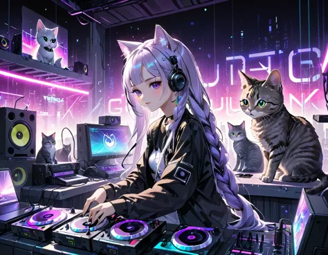 Girl DJing in a club, cyberpunk, White-purple gradient braided long hair twinkling lights, neon holography transparent cat sitti...
