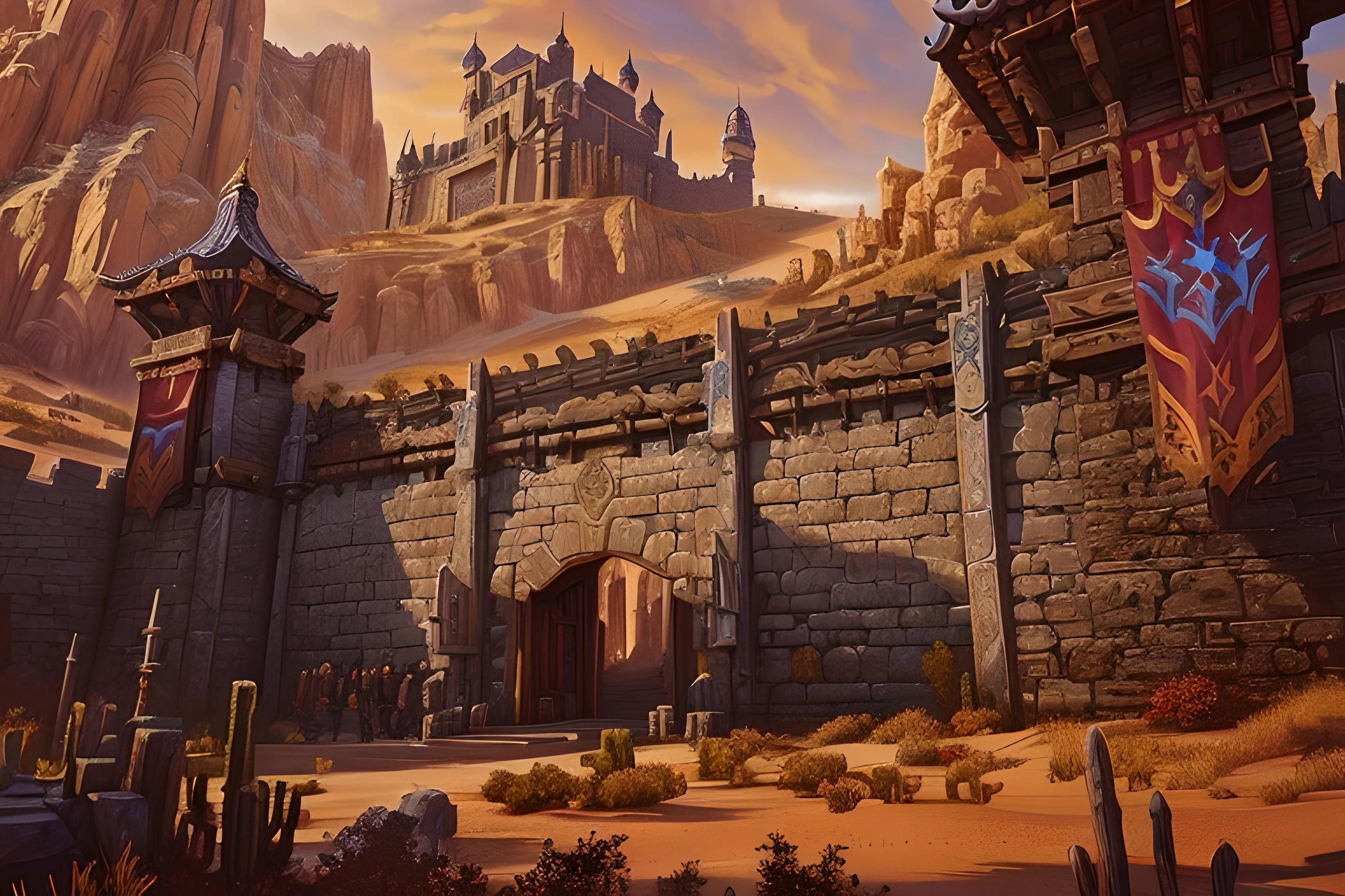 World of Warcraft游戏场景，tribe，World of Warcrafttribe，Sandy，Rocky Hill，Desert Environment，World of Warcraft游戏场景，Close-up of a painting，There is a castle in the painting，Stone wall，Wooden gate，There are wooden watchtowers on both sides.，There is a flag on the watchtower，There are many monsters in it,World of Warcraft，Details of sand dunes, Warhammer fantasy setting, Huge castle wall, Complex concept art painting, Very detailed d & Art,  a gigantic wall, Baldur&#39;s Gate is complex, &#39;Red Castle, Medieval Concept Art, Detailed Game Art Illustrations，World of Warcraft，World of Warcrafttribe，World of Warcraft，tribe，Red hue，Red atmosphere，Original tribe，Original tribe城墙