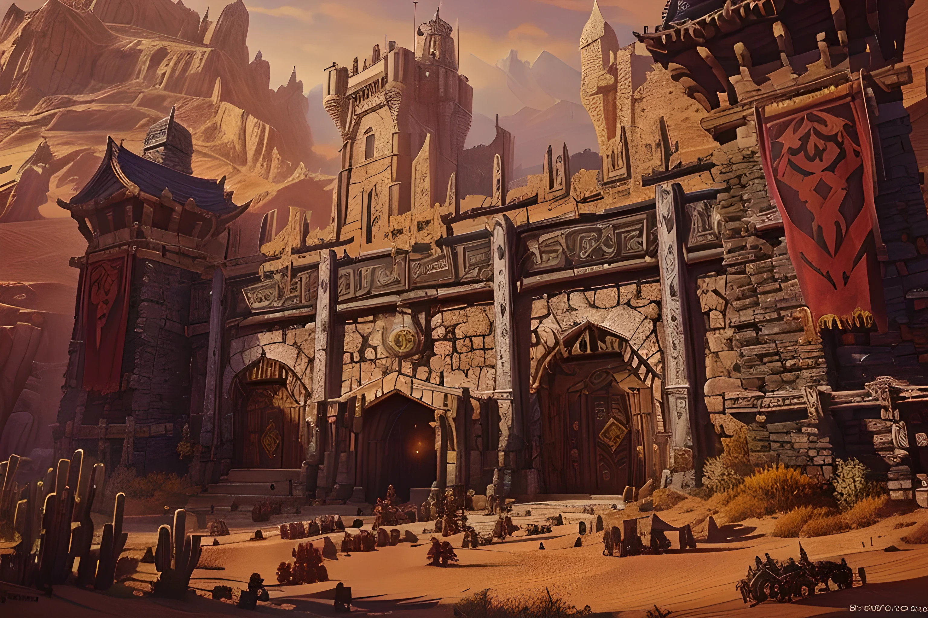 World of Warcraft游戏场景，tribe，World of Warcrafttribe，Sandy，Rocky Hill，Desert Environment，World of Warcraft游戏场景，Close-up of a painting，There is a castle in the painting，Stone wall，Wooden gate，There are wooden watchtowers on both sides.，There is a flag on the watchtower，There are many monsters in it,World of Warcraft，Details of sand dunes, Warhammer fantasy setting, Huge castle wall, Complex concept art painting, Very detailed d & Art,  a gigantic wall, Baldur&#39;s Gate is complex, &#39;Red Castle, Medieval Concept Art, Detailed Game Art Illustrations，World of Warcraft，World of Warcrafttribe，World of Warcraft，tribe，Red hue，Red atmosphere，Original tribe，Original tribe城墙