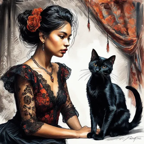 Narcissistic girl engrossed in a flamenco dance with a black cat, captured in the expressive Affandi style, airbrushed sketch, e...