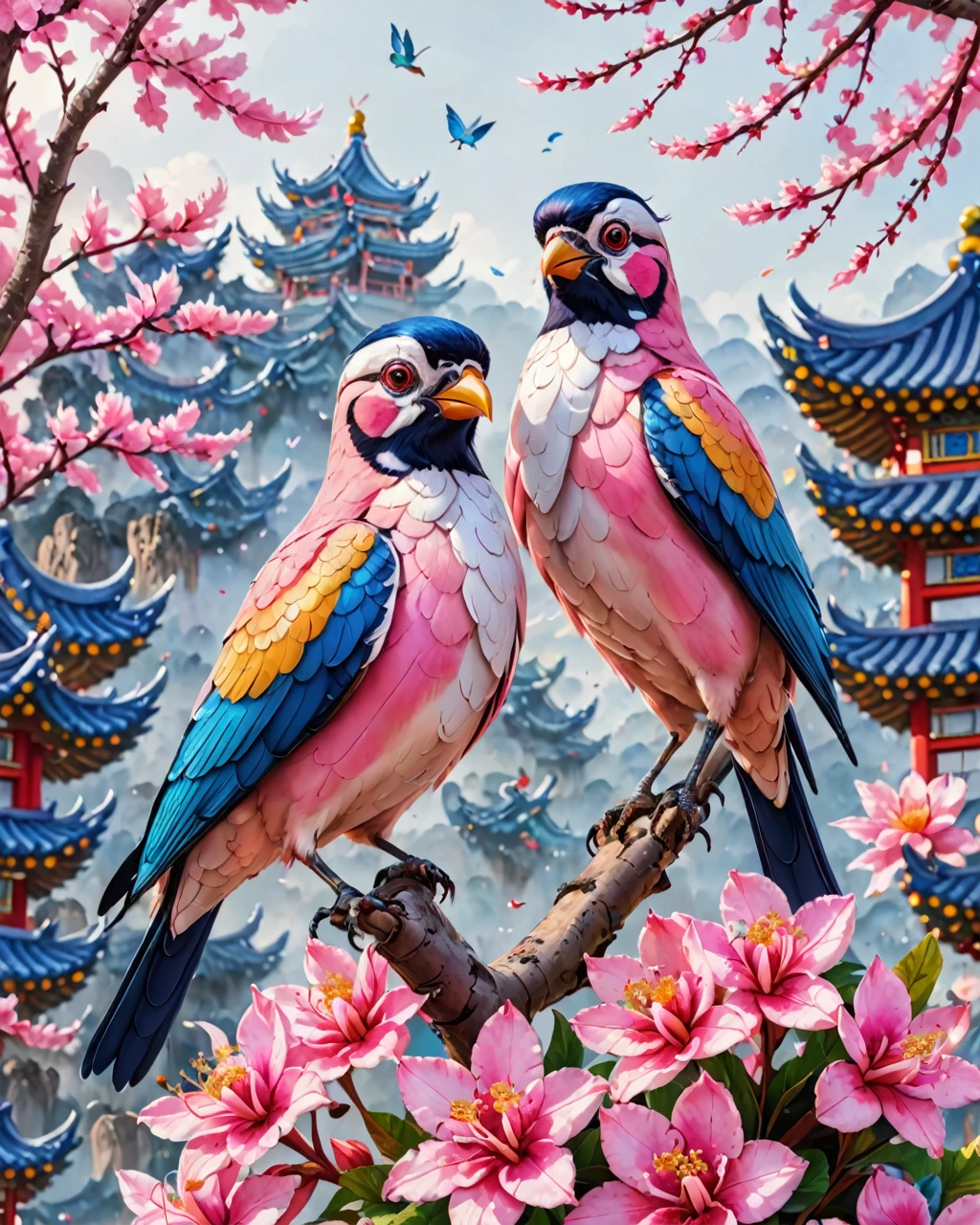 Colorful bird sitting on pink flowers，A close-up of a mobile phone，A photo of two birds, Ghost Festival, colorful birds, Wang Chen, author：Xi Gang, Chiba Yudai, ( ( Artificial Intelligence Art God King ) ), Digital Art - w 0, Inspired by Xie Huan, Mysterious Birds