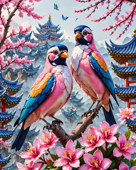 colorful bird sitting on pink flowers，a close-up of a mobile phone，a photo of two birds, ghost festival, colorful birds, wang ch...