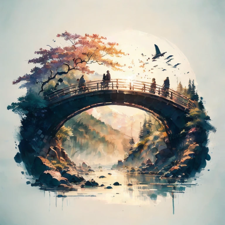 there is a picture of a bridge and people, walking along it, beautiful art UHD 4K, stunning artwork in 8k, beautiful artwork illustration, beautiful digital images, The art of scenery in detail, Highly detailed 4k digital art, highly detailed digital image, decorations, complex digital painting, detailed painting 4k, stunning digital illustration, Japanese art style, 4k highly detailed graphics