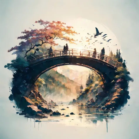 there is a picture of a bridge and people, walking along it, beautiful art uhd 4k, stunning artwork in 8k, beautiful artwork ill...