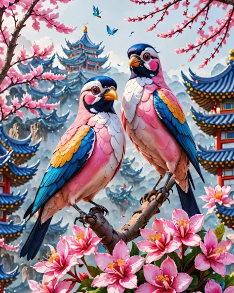 colorful bird sitting on pink flowers，a close-up of a mobile phone，a photo of two birds, ghost festival, colorful birds, wang ch...