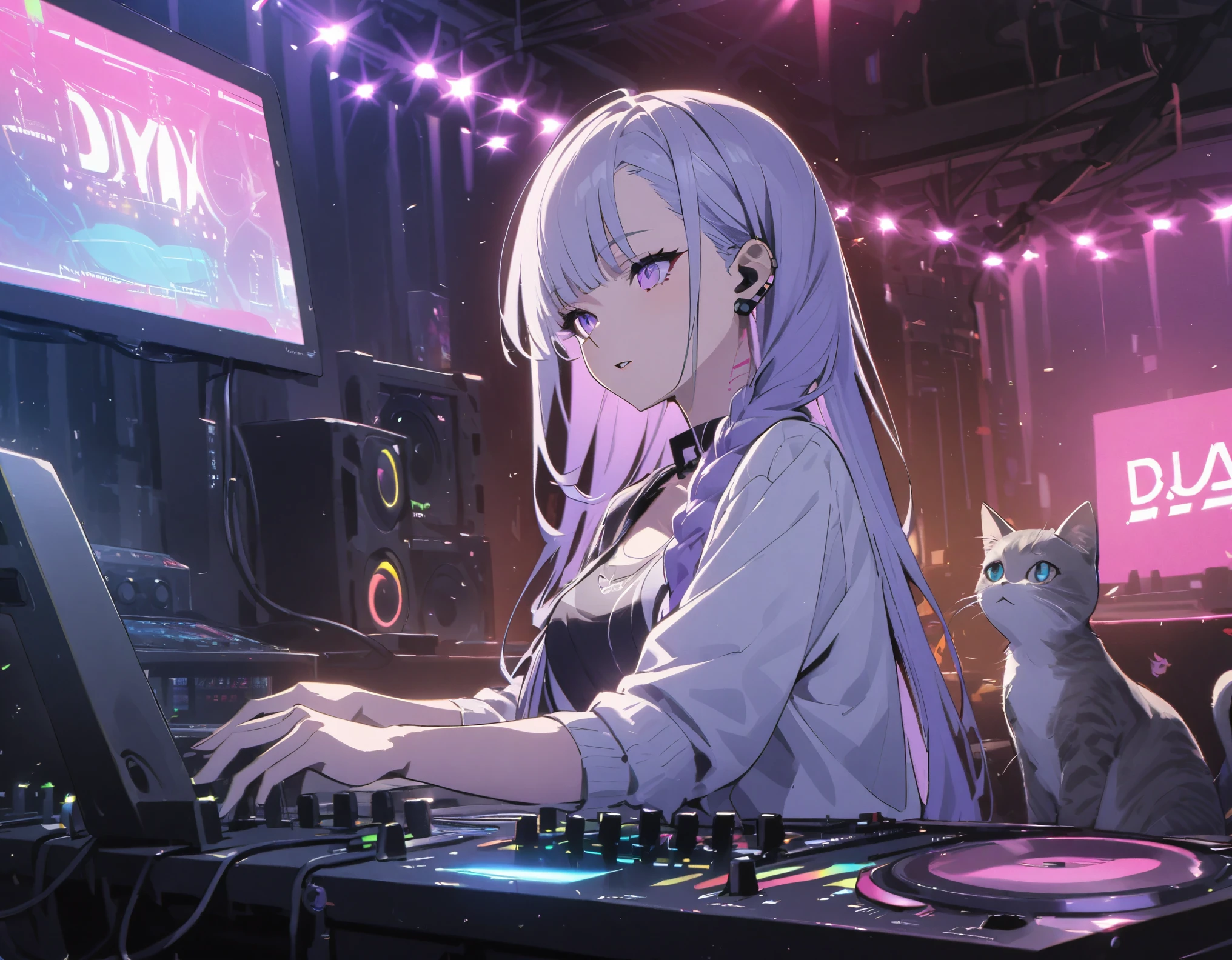 Girl with Cat, Girl DJing in a club, cyberpunk, White-purple gradient braided long hair twinkling lights, neon holography transparent cat sitting next to DJ equipment