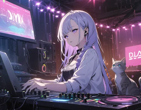 Girl with Cat, Girl DJing in a club, cyberpunk, White-purple gradient braided long hair twinkling lights, neon holography transp...
