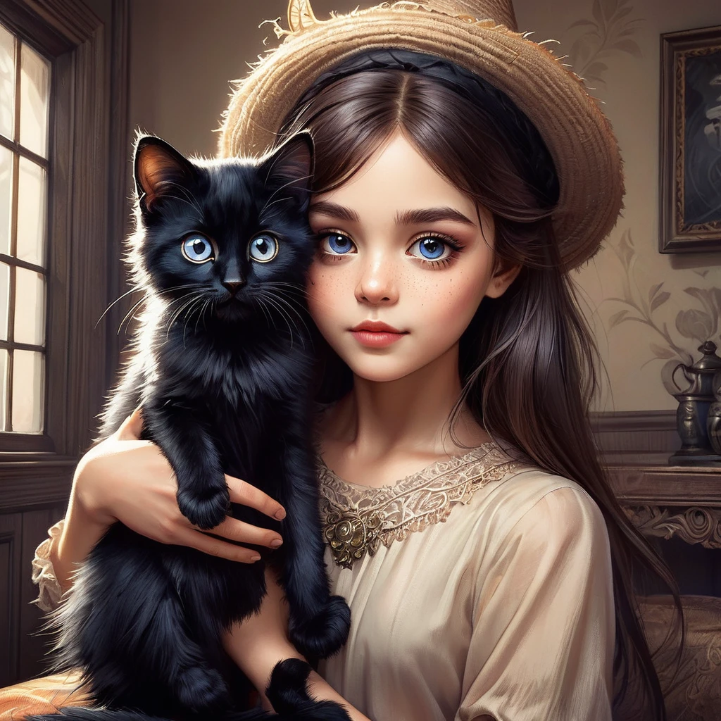 cute young big-eyed witch with a cute very big-eyed black very fluffy kitten, captured in the expressive Jonny Duddle style and reference , airbrushed sketch, elegance emanating through perfectly balanced composition, deep, rich colors contrast against a pristine backdrop, confidence visually conveyed through the girl's posture, intricate detailslacework, digital art interpretation, coherent and brilliant execution, soft natural lighting adds volumetric depth, chiaroscuro, High Resolution, High Quality, Masterpiece