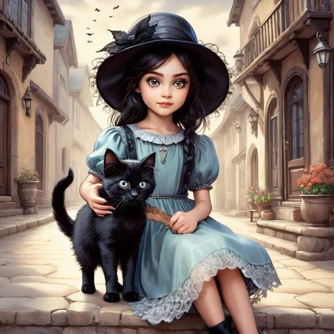 cute young big-eyed witch with a cute very big-eyed black very fluffy kitten, captured in the expressive Jonny Duddle style and ...