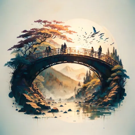 there is a picture of a bridge and people, walking along it, beautiful art uhd 4k, stunning artwork in 8k, beautiful artwork ill...