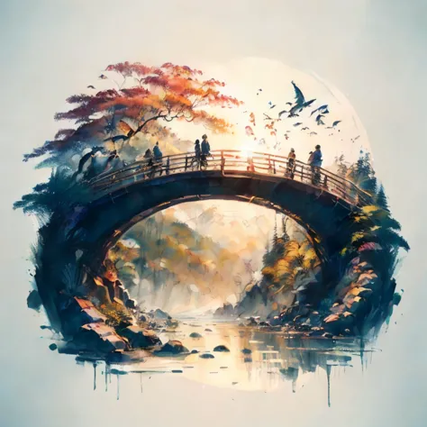 there is a picture of a bridge and people, walking along it, beautiful art uhd 4k, stunning artwork in 8k, beautiful artwork ill...