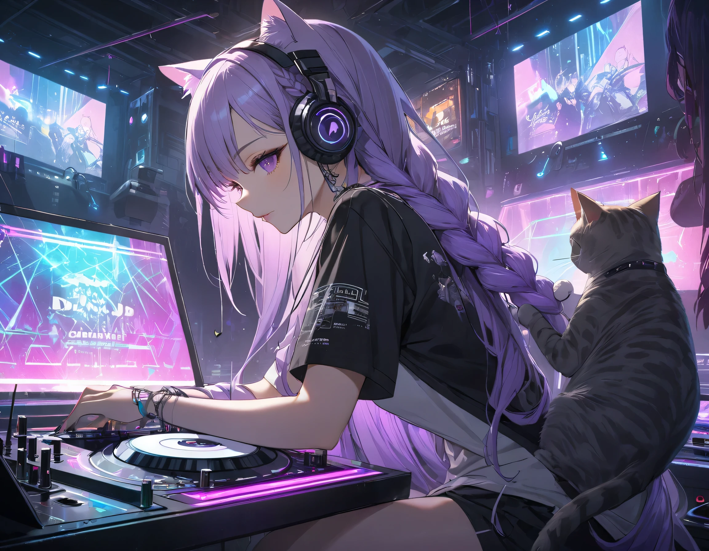 Fille avec chat, Fille DJing dans un club, cyberpunk, Lumières scintillantes de cheveux longs tressés dégradé blanc-violet, chat transparent holographique néon assis à côté de l&#39;équipement DJ