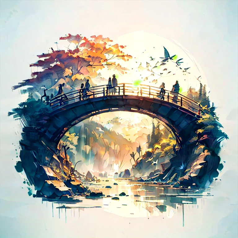 there is a picture of a bridge and people, walking along it, beautiful art UHD 4K, stunning artwork in 8k, beautiful artwork illustration, beautiful digital images, The art of scenery in detail, Highly detailed 4k digital art, highly detailed digital image, decorations, complex digital painting, detailed painting 4k, stunning digital illustration, Japanese art style, 4k highly detailed graphics, monochrome 