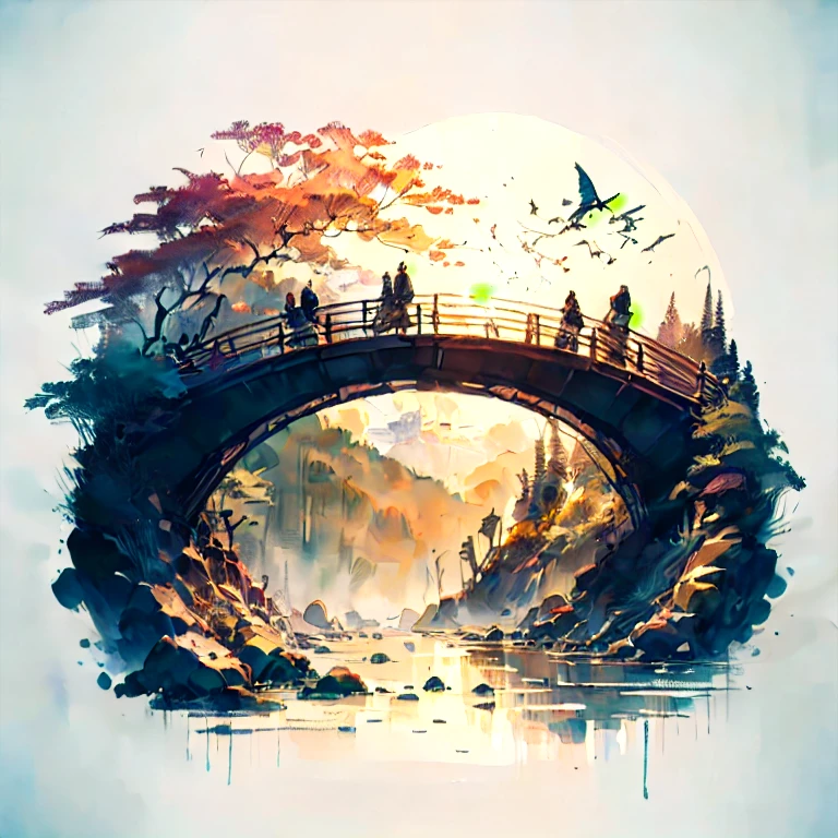 there is a picture of a bridge and people, walking along it, beautiful art UHD 4K, stunning artwork in 8k, beautiful artwork illustration, beautiful digital images, The art of scenery in detail, Highly detailed 4k digital art, highly detailed digital image, decorations, complex digital painting, detailed painting 4k, stunning digital illustration, Japanese art style, 4k highly detailed graphics, monochrome 