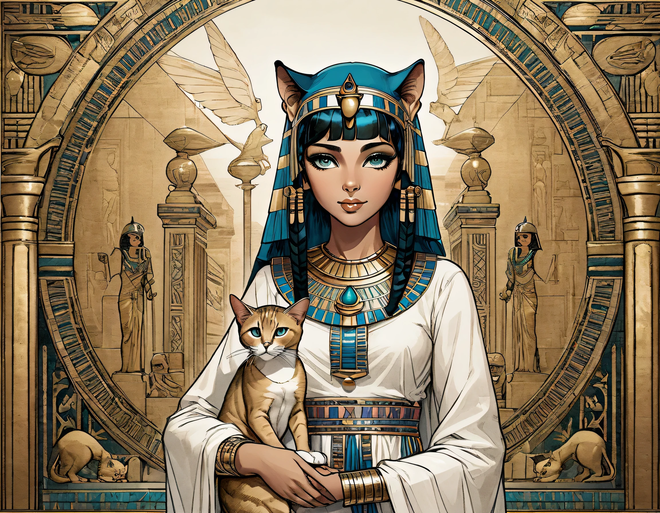 Illustration von Kleopatra als Mädchen und einer ägyptischen Katze, abessinisch, komplizierte und detaillierte Katze, in Kleopatras Armen gehalten, anmutig, elegant, aufwendig, Sphinx im Hintergrund