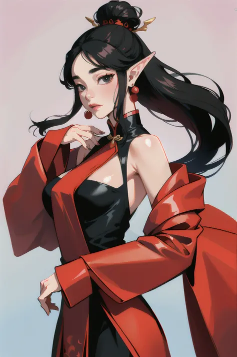 Elf with long black hair, black eyes, wearing a red chinese dress, fold earrings, traditional, medium breast, solo, simple backg...