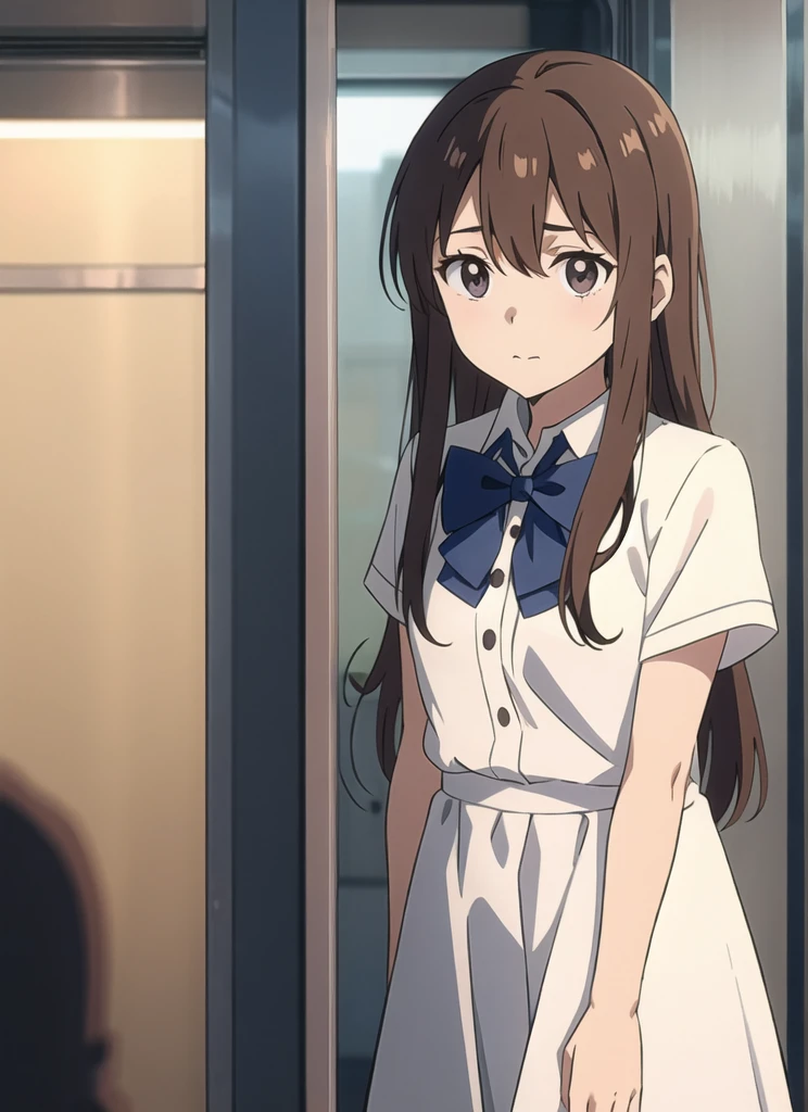 koe no katachi,  shirt, 1girl, collared shirt, long hair, train interior, white shirt, bow, brown hair, short sleeves, letterboxed, bangs, solo, closed mouth, facing viewer, blurry, , blue bow, dress shirt, upper body, depth of field, hair between eyes, blurry background, bowtie, ground vehicle, indoors, ((masterpiece))