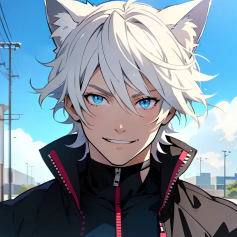 (masterpiece, 4k resolution), cat ears, 1 boy, (((anime))), male focus, solo, smile, blue eyes, white hair, looking at the viewe...