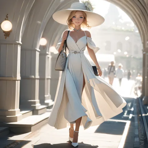 a woman wearing sophisticated white dress, with exposed leg, blonde hair, blue eyes, smiling, white madam's hat, white heels, wa...