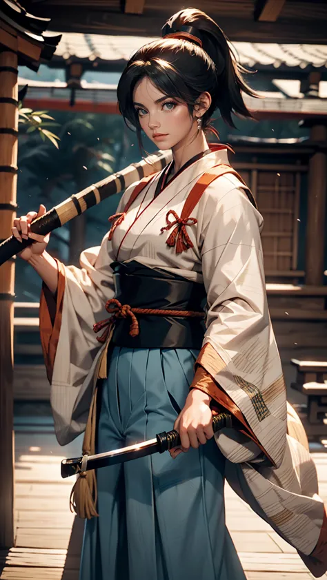Rurouni Kenshin、Kaoru Kamiya、Kendo uniform、Japanese women、ponytail、Dark blue hair、holding a bamboo sword、Kendo Hall