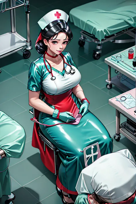 nurse uniform,hospital, latex nurse suit,nurses,busty,elbow gloves,labcoat,black hair woman,red eyes , gigantic ,medical instrum...