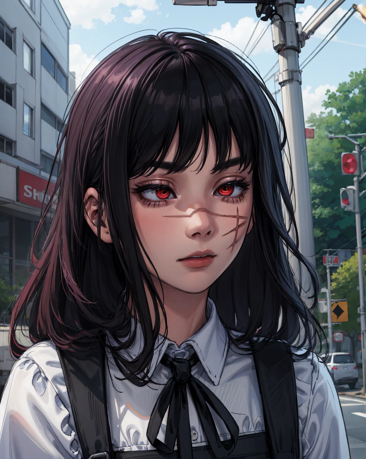 (masterpiece, top quality, best quality, official art, beautiful and aesthetic:1.2), (1girl:1.3), extreme detailed,colorful,highest detailed, detailed city background, rain, depth of field, 1girl, yoru \(chainsaw man\), 1girl, long hair, black hair, red eyes, scar on face, ringed eyes, (pinafore dress, black belt, black ribbon), detailed eyes, detailed face, on the street, sad,