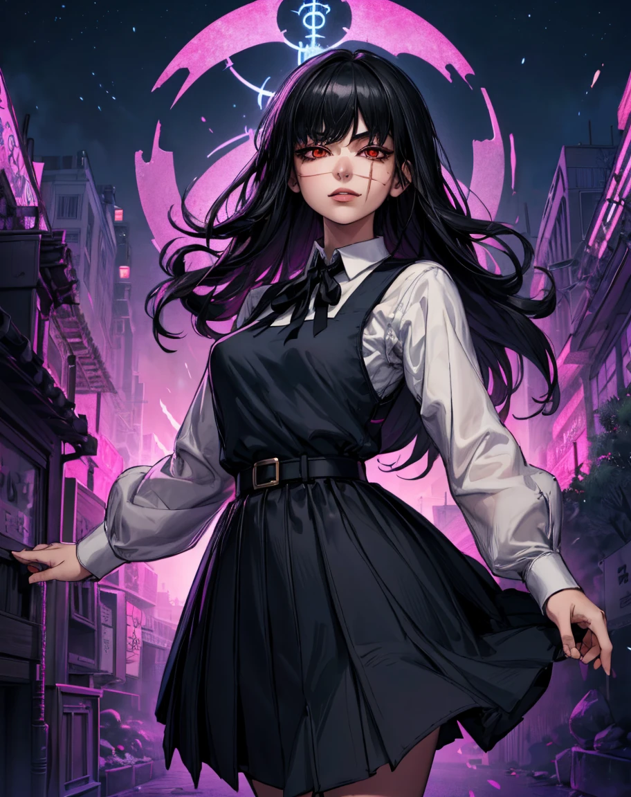 (masterpiece, top quality, best quality, official art, beautiful and aesthetic:1.2), (1girl:1.3), (fractal art:1.3), yoru, 1girl, long hair, black hair, red eyes, scar on face, ringed eyes, (pinafore dress, black belt, black ribbon), night city, luminous signs, full-body, looks at the viewer