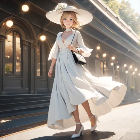 a woman wearing sophisticated white dress, with exposed leg, blonde hair, blue eyes, smiling, white madam's hat, white heels, wa...