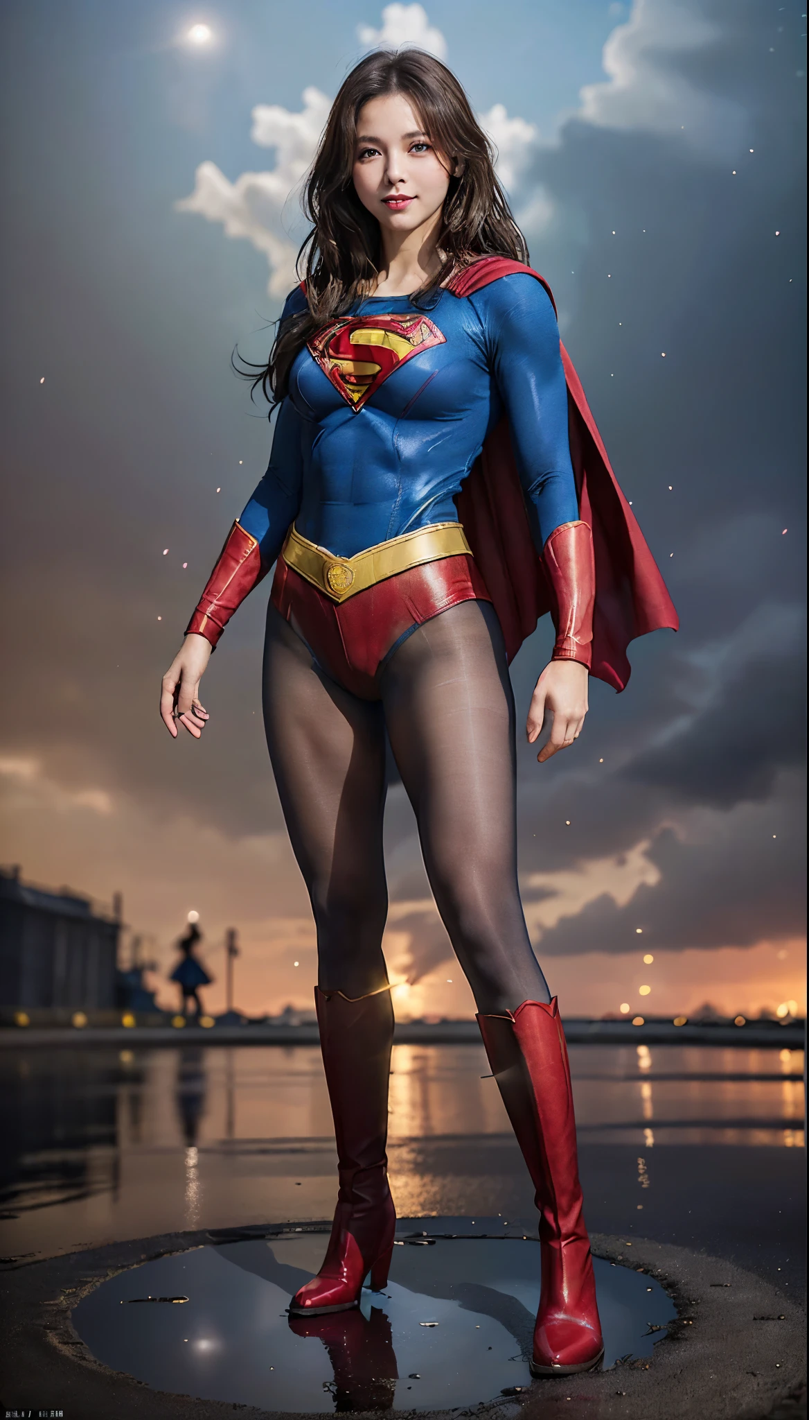 No background、(((Beautiful legs in black tights.)))、(((Legally express the beauty of your smile)))、((((Make the most of your original images)))、(((体にぴったりフィットするSupergirl Costume)))、(((Supergirl Costume)))、(((Beautiful hairstyle)))、(((She is winking cutely.)))、(((Please wear black tights....、Wear red boots)))、((Best image quality、8k))、((highest quality、8k、masterpiece:1.3))、(((Preserve background )))、Sharp focus:1.2、Beautiful woman with perfect figure:1.4、Slim Abs:1.2、Wet body:1.5、Highly detailed face and skin texture、8k