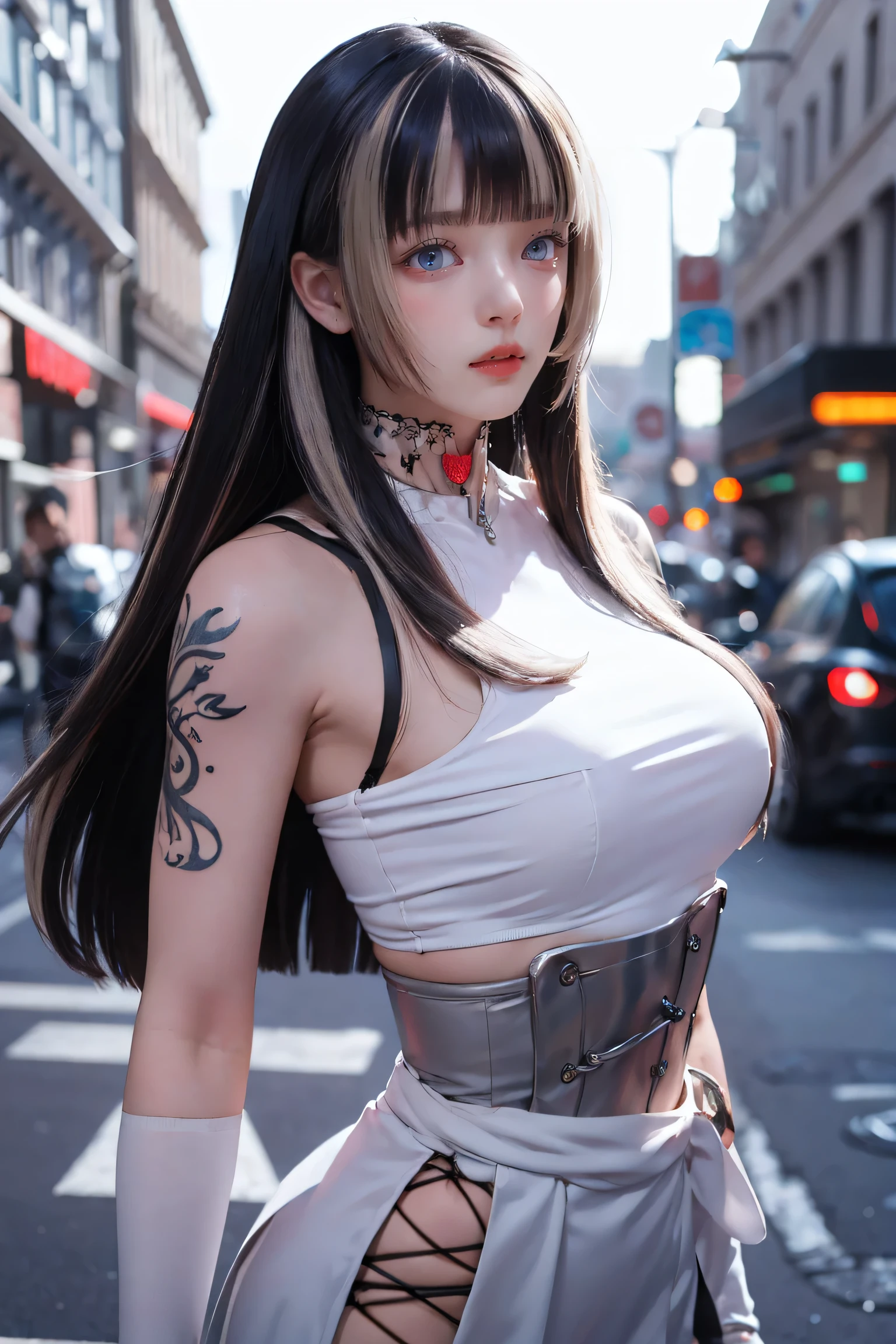 Beautiful college girl in the city，masterpiece，light makeup，Red lips，Silver Hair，Disheveled long hair，Street background，Grace，Grace。A masterpiece of ultra-fine detail，Authentic texture，Realism in film lighting，Perfect piece，8k，khd，Delicate facial features，White skinny turtleneck top，white skinny shorts，Slim figure，Big bright eyes，Smooth Skin，Ear discharge，Choker Necklace,(((He has many tattoos all over his body)), (((Tight waist))), ((Big Breasts)),(See through)，panties