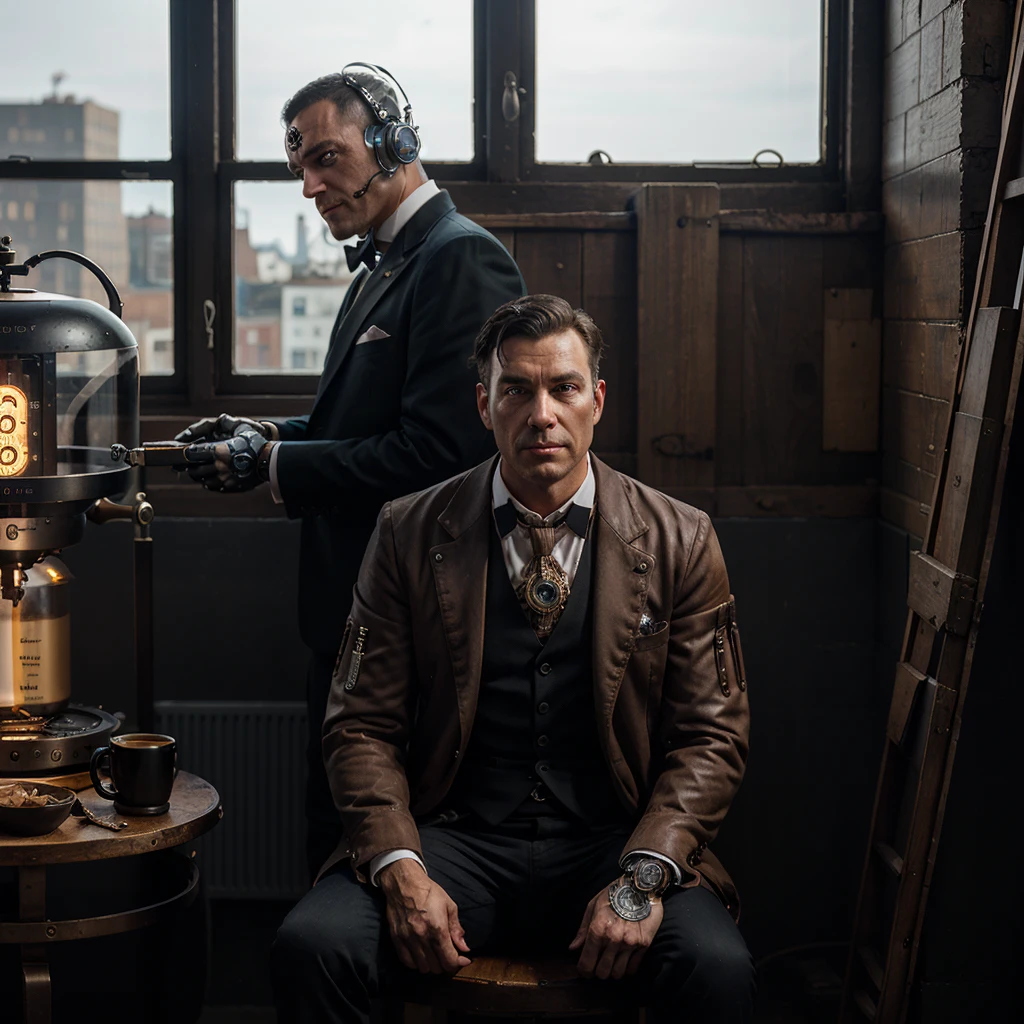 a proper gentleman cyborg steampunk, sitting in a study brewing coffee, large window overlooking city, intricate gears and mechanisms, rugged yet refined details, warm lighting, cinematic composition, high contrast, moody atmosphere, chiaroscuro lighting, photorealistic, 8k, high quality, masterpiece
